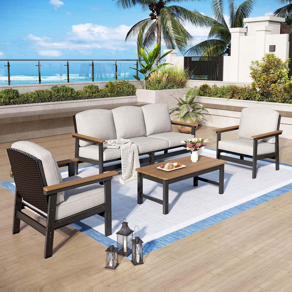PHI VILLA Brown Rattan 4-Piece 5 Seat HDPE Plastic Outdoor Patio