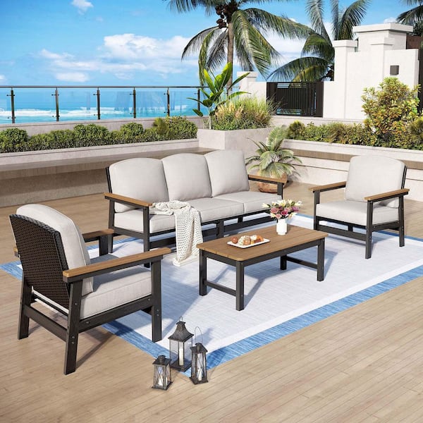 Brown Rattan 4-Piece 5 Seat HDPE Plastic Outdoor Patio Conversation Set with Beige Cushions and Wood-Grain Coffee Table
