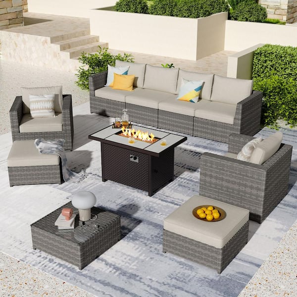 XIZZI Ontario Lake Gray 10-Piece Wicker Outdoor Patio Rectangular Fire Pit Sectional Sofa Set with Beige Cushions