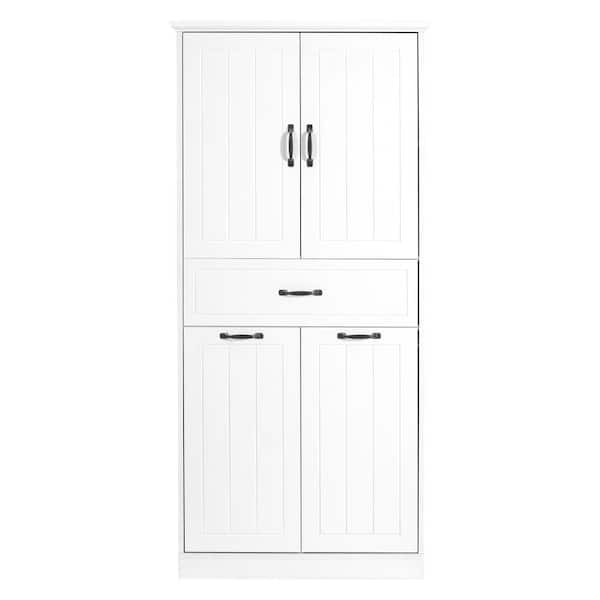 29 in. W x 15.7 in. D x 65.8 in. H White Linen Cabinet with Two Laundry Baskets, Doors and Drawer