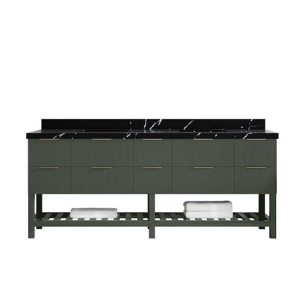 Willow Collections Catalina 84 in. Double Sink Freestanding Pewter Green Bath Vanity with Calacatta Black Qt. Top Unassembled