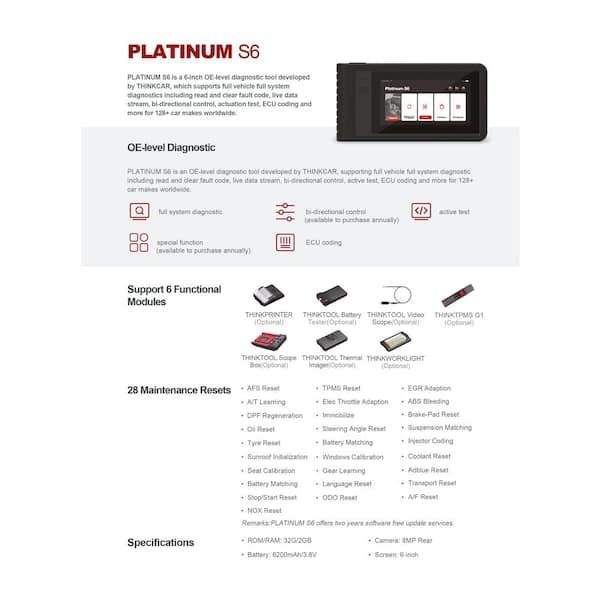 THINKCAR Tech 301020008 Platinum S6 Car Scanner Diagnostic Tool