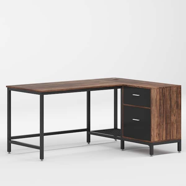 Tribesigns Lantz 55.11 in. L-Shaped Rustic Brown Wood 2-Drawer Computer Desk with with Shelves and Hanging File Cabinet