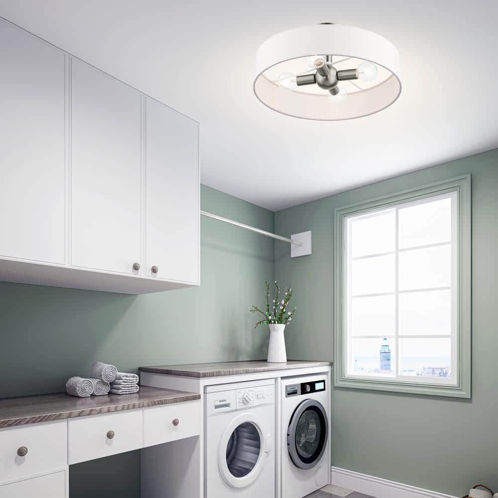 Sophisticated Brushed Nickel 4-Light Indoor/Outdoor Drum Pendant with Off-White Fabric Shade