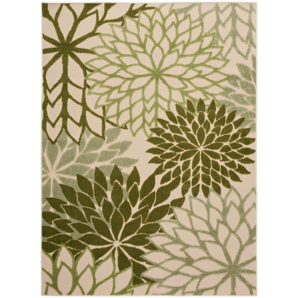 Nourison Aloha Ivory Green 4 ft. x 6 ft. Floral Contemporary Indoor/Outdoor Area Rug