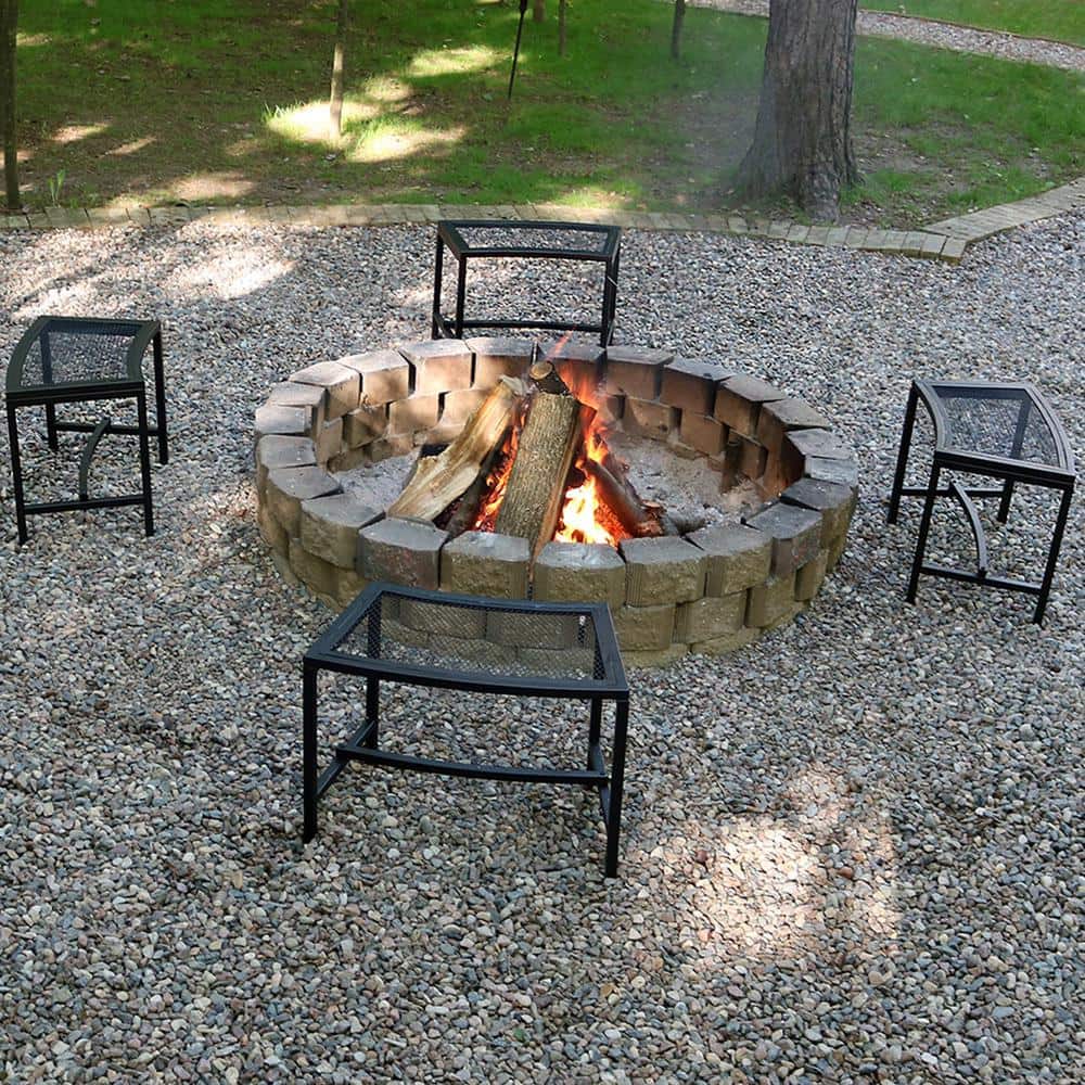 Curved Black Mesh Metal Outdoor Fire Pit Bench Set of 4