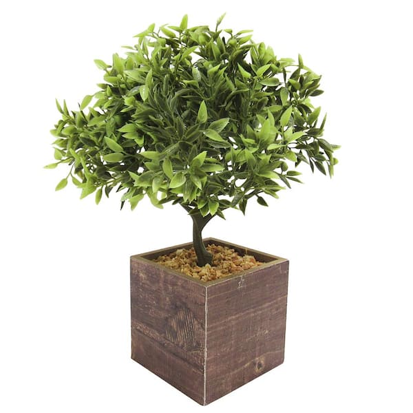 11in Artificial Desktop Leaf Bonsai Tree in Square Wood Pot