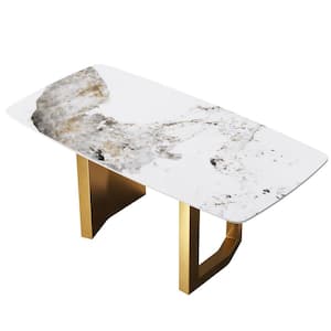 70.87 in. Rectangle Round Edge Pandora Sintered Stone Top Double Pedestal 2-Gold Metal Base Dining Table (Seats-6)