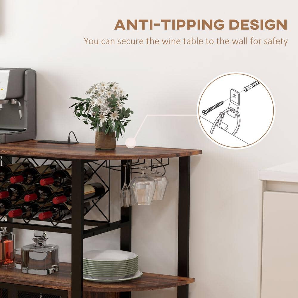 Rustic Brown Wine Bar Cabinet with LED Lights and Charging Station
