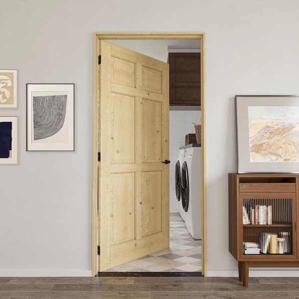36 in. x 80 in. 6-Panel Left Solid Core Unfinished Pine Wood Single Interior Door with Quick Assemble Jamb