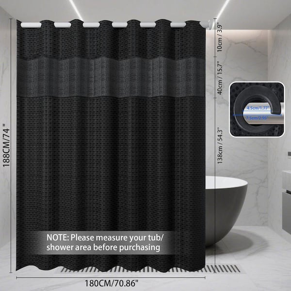 Shower Curtain Waffle Weave No Hook Shower Curtain with Snap in Polyester Fabric Bathroom Curtain, 71 in. x 74 in. Black