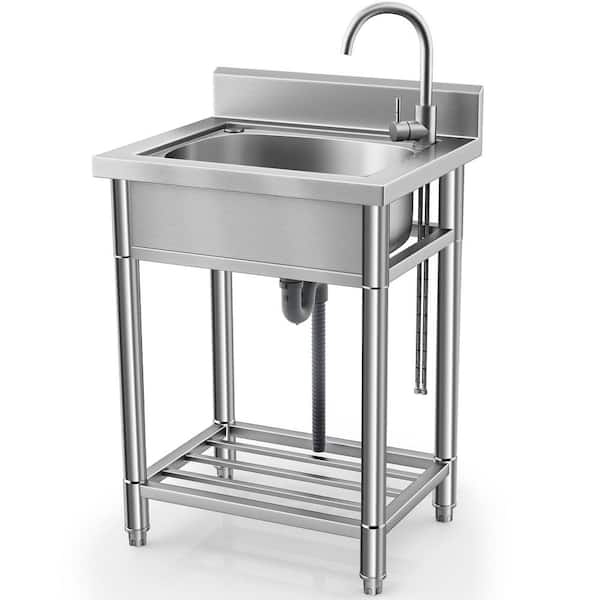 UKISHIRO 21.6 in. Freestanding Stainless Steel 1-Compartment Commercial Kitchen Sink with Faucet, Basin, Legs, and Undershelf
