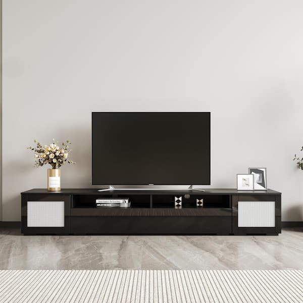 Polibi Boho style TV Stand Fits TV's up to 90 in. with Push to Open Doors and Color Changing LED Lights, Black