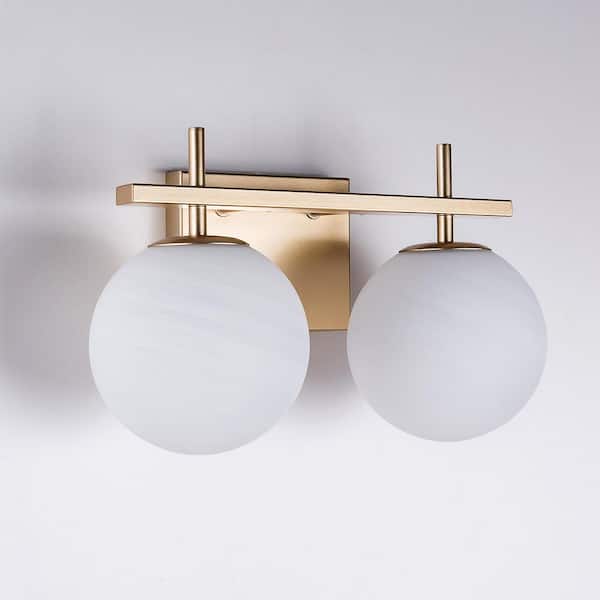 Raleigh 14 in. 2-light Modern Gold Dimmable Wall Sconce With White Cloud Glass Lampshade