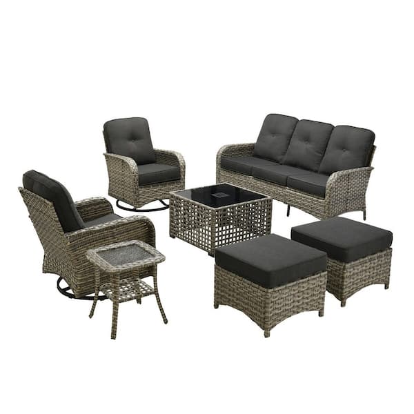Beverly Gray 7-Piece Wicker Patio Conversation Sofa Swivel Chairs Set with Ottomans and Black Cushions