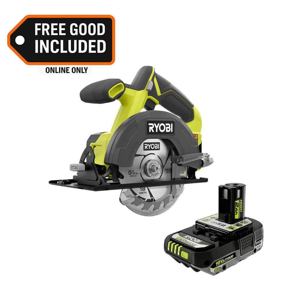 RYOBI ONE+ 18V Cordless 5 1/2 in. Circular Saw with FREE 2.0 Ah Lithium-Ion HIGH PERFORMANCE Battery (PCL500PBP003)