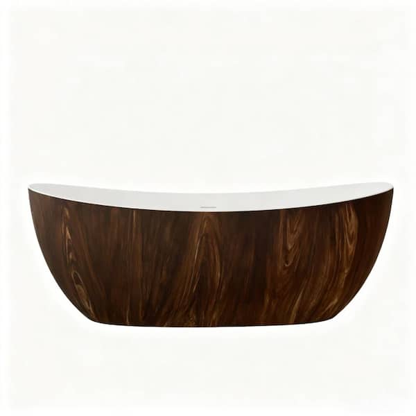 67 in. Solid Surface Double Slipper Freestanding Bathtub with Matte Wood Grain Exterior and White Interior