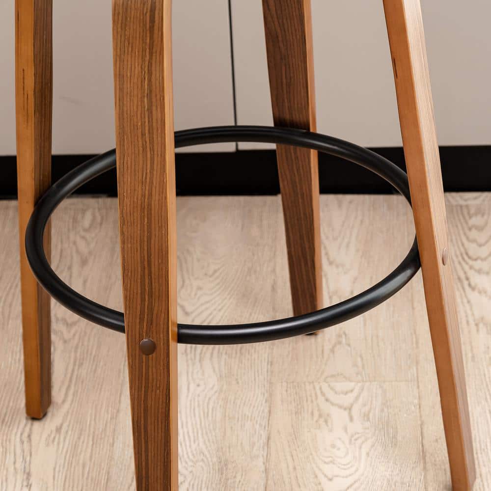 Mid-Century Modern Dark Blue Fabric Walnut Swivel Barstools, Set of 2