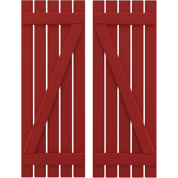 Ekena Millwork 19-1/2 in. W x 84 in. H Americraft 5 Board Exterior Real Wood Spaced Board and Batten Shutters w/Z-Bar Fire Red