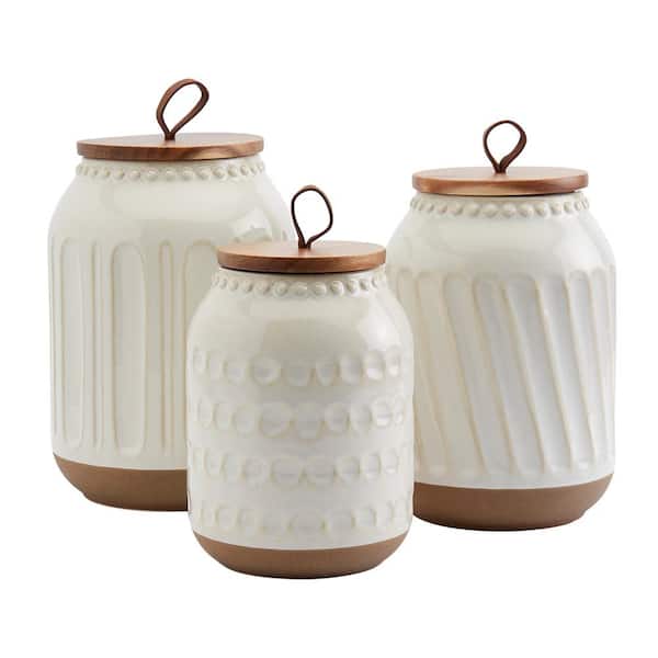 Set of 3 White Ceramic Kitchen Canisters with Wooden Bamboo Lids (3 Sizes)