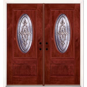74 in. x 81.625 in. Silverdale Zinc 3/4 Oval Lite Stained Cherry Mahogany Left-Hand Fiberglass Double Prehung Front Door