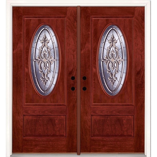 Feather River Doors 74 in. x 81.625 in. Silverdale Zinc 3/4 Oval Lite Stained Cherry Mahogany Left-Hand Fiberglass Double Prehung Front Door
