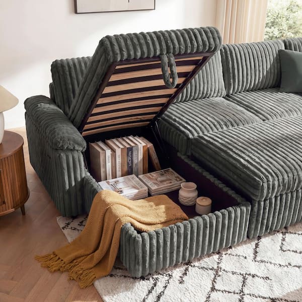 FUFU&GAGA 112 in. Square Arm Corduroy Fabric L-Shaped Storage Sofa