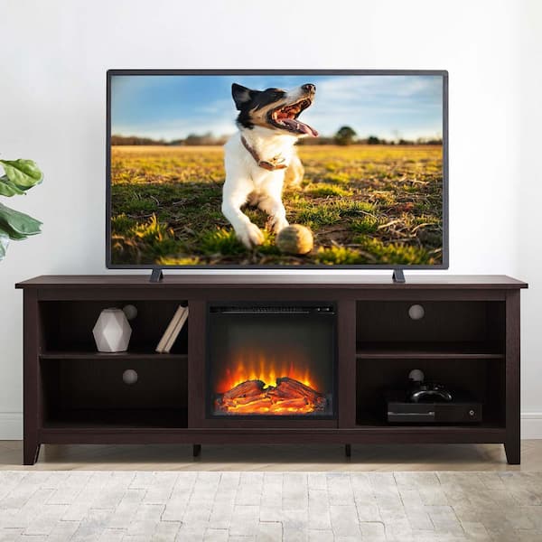 70 in. Wooden Transitional Freestanding Electric Fireplace TV Stand with 2-Shelves for 80 in. TVs, Espresso