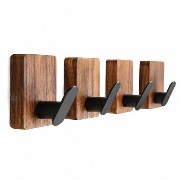 J-Hook Robe and Towel Hook Set, 4 Pack Adhesive Wood Hooks for Towels Coats Keys, Wall Hook Heavy Duty Premium