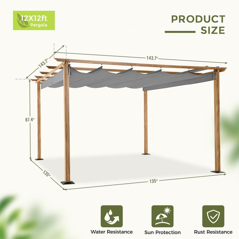 12' x 12' Woodgrain Aluminum Pergola with Gray Canopy