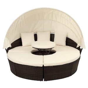 Brown Wicker Outdoor Chaise Lounge Daybed with Beige Cushions