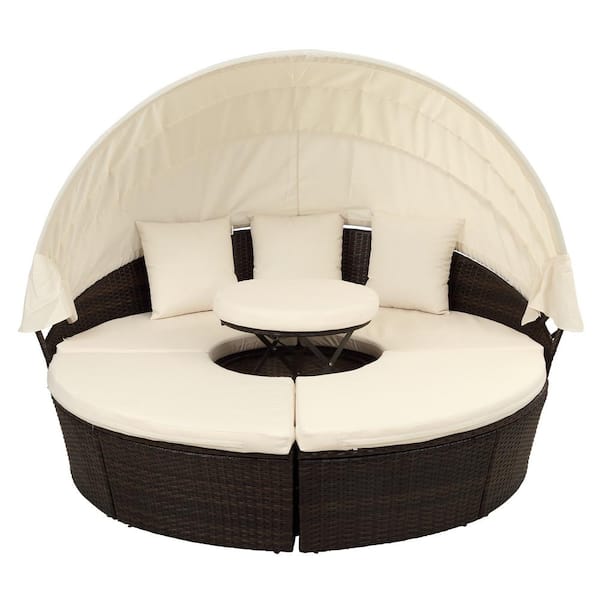 Sireck Brown Wicker Outdoor Chaise Lounge Daybed with Beige Cushions