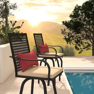 2-Pieces 360 Swivel Metal All-Weather Outdoor Bar Stools Rattan Back Height Patio Chairs with Beige Cushion, Pillow