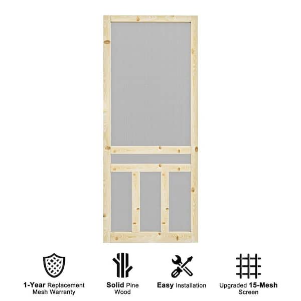 32 in. x 80 in. 3-Lite Single Universal Paneled Unfinished Pine Wood and Gauze Mesh Hinged Screen Door