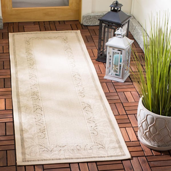 Courtyard Natural/Brown 2 ft. x 7 ft. Border Indoor/Outdoor Patio  Runner Rug