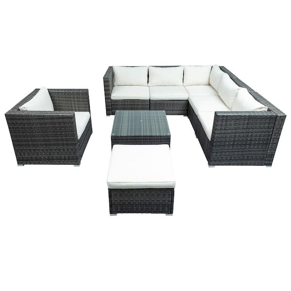 Tunearary Patio 8-Piece Gray Wicker Outdoor Sofa Set with Coffee Table and Beige Cushions