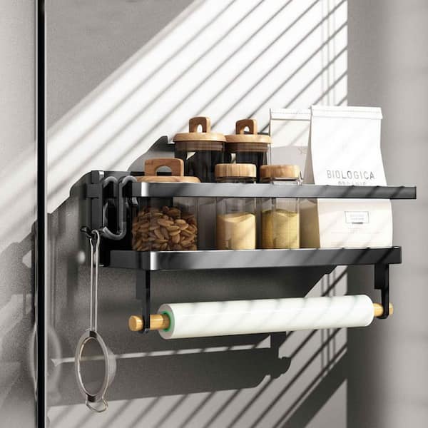 Magnetic Mount Black Matte Kitchen Organizer Spice Rack Paper Towel Holder Foldable Metal Shelf for Refrigerator