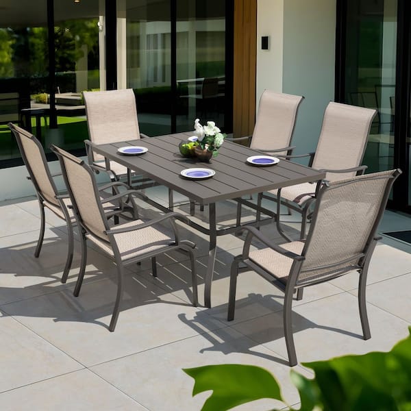 grey patio set with umbrella Aoxun Furniture 7-Piece / Fire Pit, 7 pcs + Fire Pit / Black-Yellow free setup JARDINA Outdoor Aluminum Dining Set