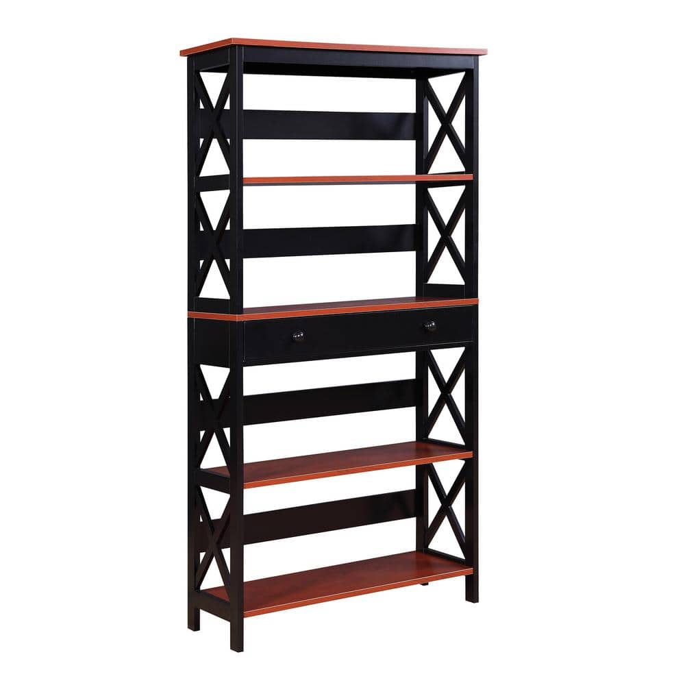 Oxford Modern 5-Tier Cherry & Black Bookcase with Concealed Drawer