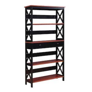 Oxford 31.5 in. W x 59.75 in. H x 11.75 in. D Cherry/Black MDF 5 Shelf Standard Bookcase with Drawer