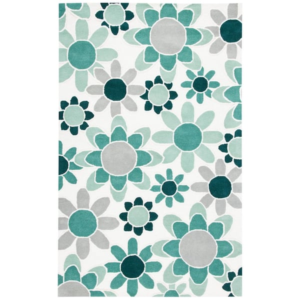 Kids 5 ft. x 8 ft. Ivory/Green Oversized Floral Area Rug