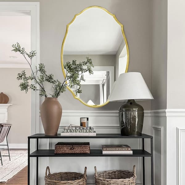 Sxiawe 24 in. W x 35.8 in. H Baroque-Inspired Radiant Gold Leaf Wooden Curved Wall Mirror