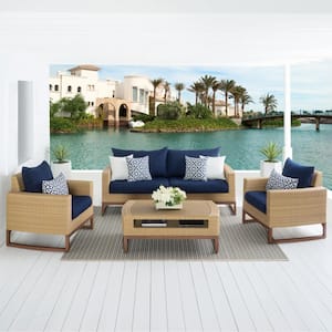 Mili 4-Piece Wicker Patio Conversation Deep Seating Set with Sunbrella Navy Blue Cushions