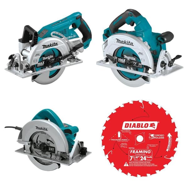 18V X2 LXT 7-1/4 in. Brushless Cordless Rear Handle Circular Saw, 15 Amp Corded Saw with LED and 7-1/4 in. 24T Blade