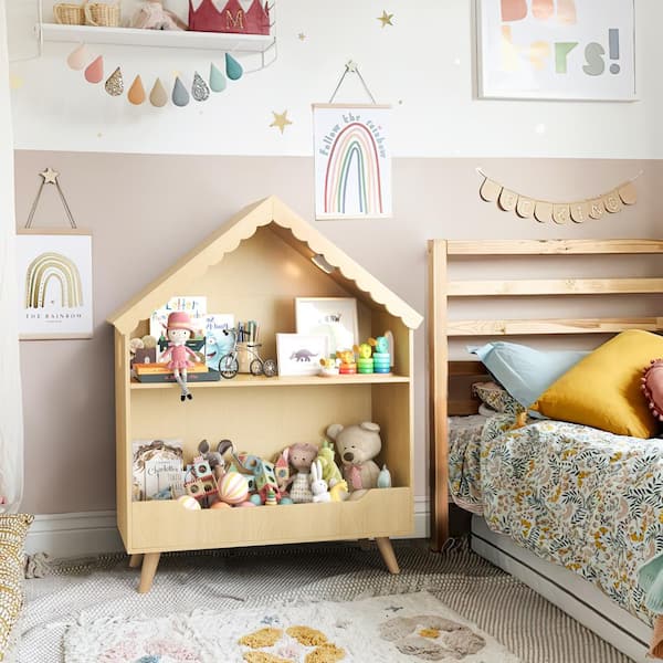 OrangeOne 41.34 in. H Natural 2-Tier Storage Wooden Kids Bookshelf with Bulb and 4 Legs Dollhouse Bookcase for Kids Room