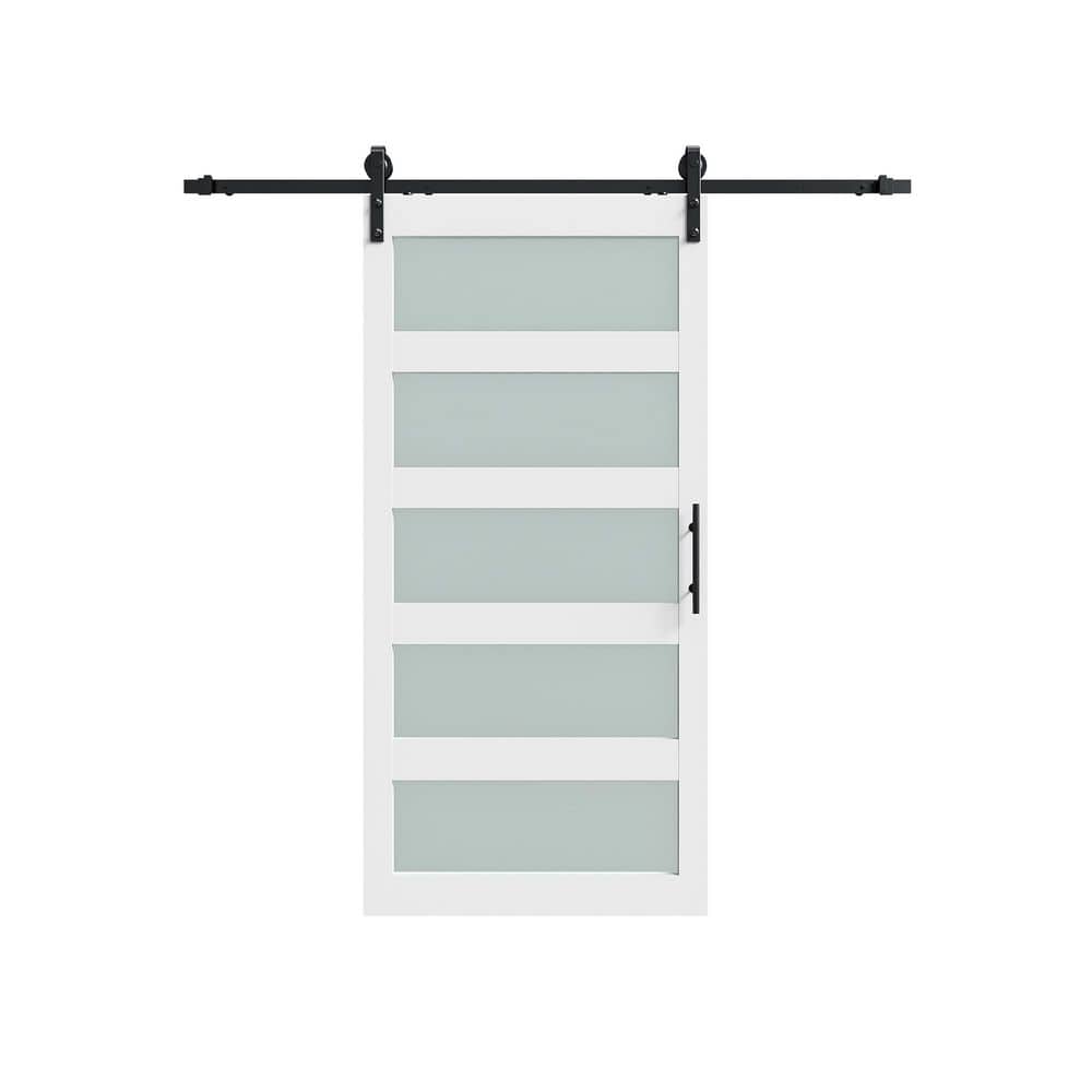 38 in. x 84 in.Elden Classic French 5-Panel Frosted Glass Barn Door White Solid Wood Sliding Barn Door with Hardware Kit price history on PriceWatchPro