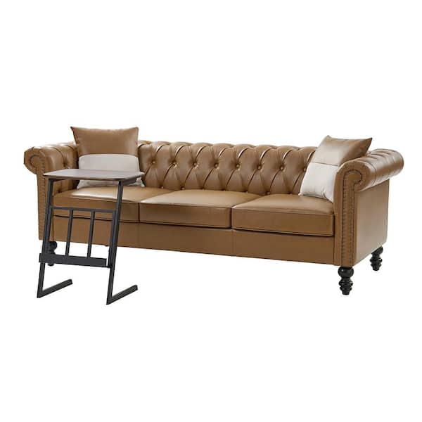 JAYDEN CREATION Felisa Traditional 84.5" Wide Button-tufted Leather Sofa with End Table and Gourd-shaped Solid Wood Legs-Camel