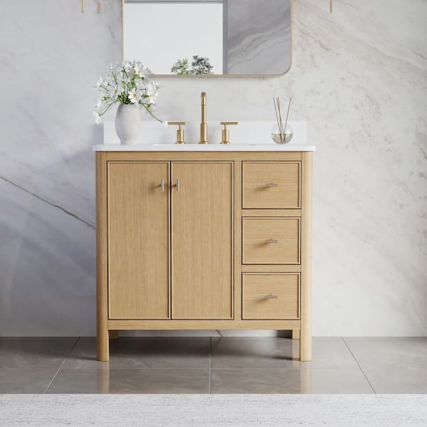 36 in. Freestanding Solid Wood Oak-Brushed Nickel Handle Bath Vanity with White Quartz Top Assembled, Dovetail Drawer