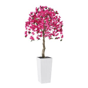 6 ft.Artificial Bougainvillea Flowers Tree UV Resistant with Whtie Tall Planter for Outdoor Decor