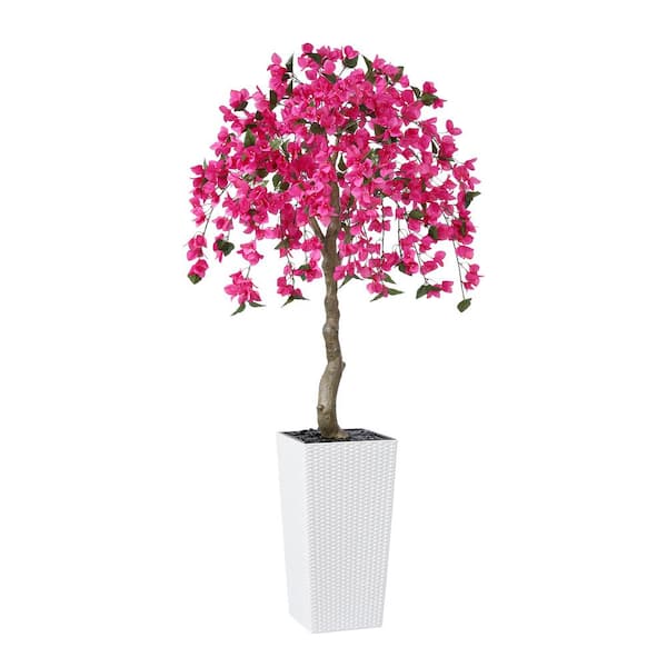 DR.Planzen 6 ft.Artificial Bougainvillea Flowers Tree UV Resistant with White Tall Planter for Outdoor Decor
